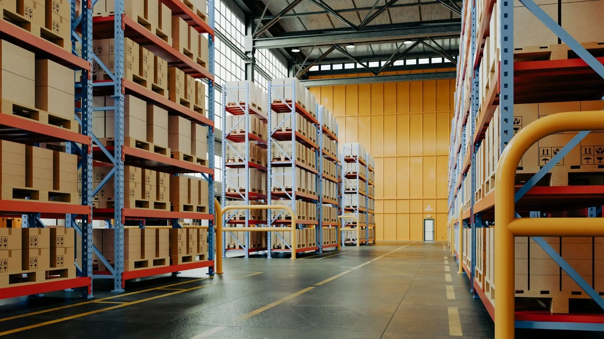 Centro logístico industrial con pallets y estanterías para consolidación de carga