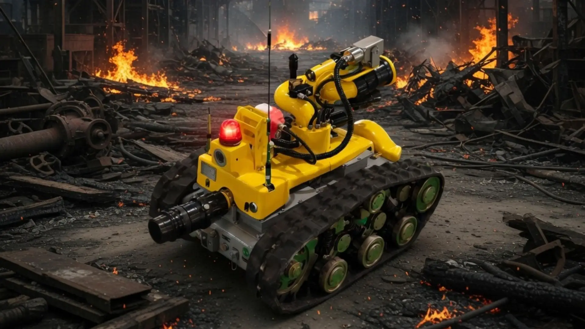 Robot táctico operando en un incendio industrial entre humo y escombros